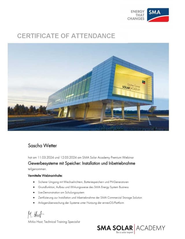 SMA Solar Academy Zertifikat für Sascha Wetter – Gewerbesysteme mit Speicher: Installation und Inbetriebnahme