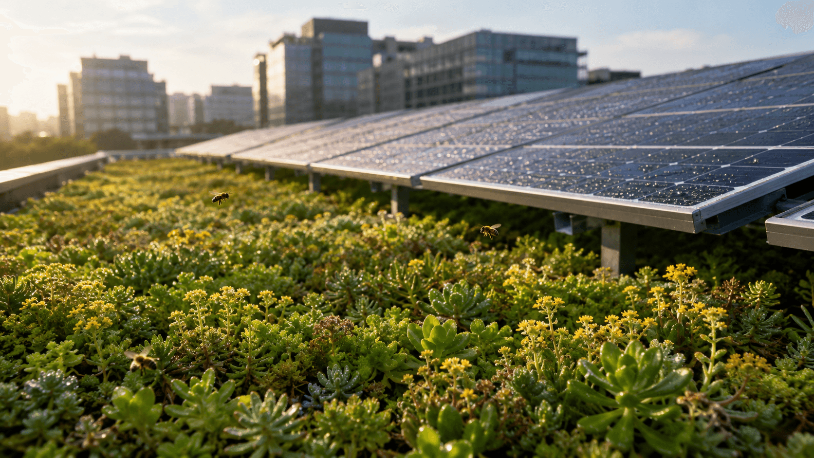 Aufgeständerte Solarmodule über blühender Sedum-Dachbegrünung auf einem Flachdach, Bienen zwischen den Pflanzen